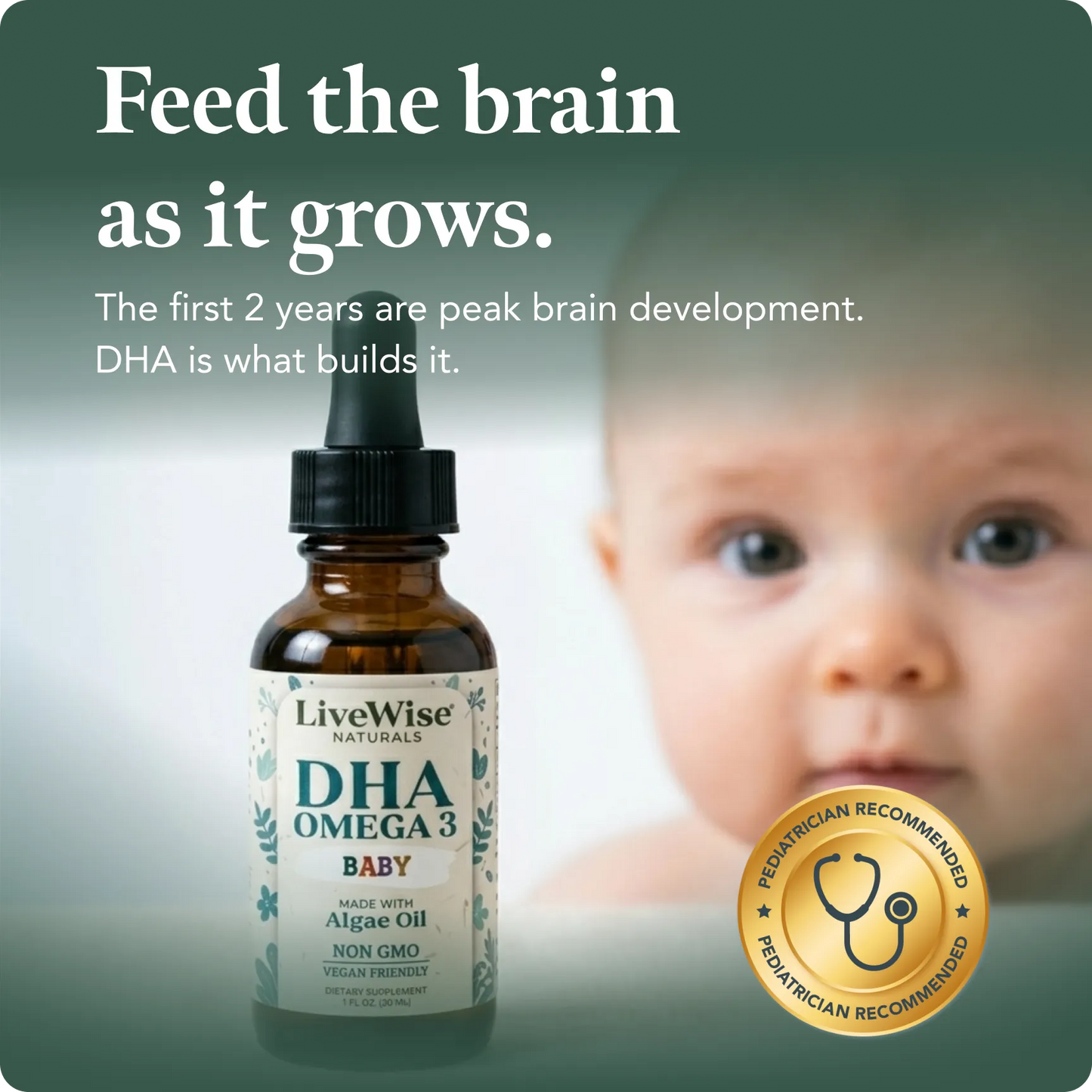DHA Liquid Drops – For Infants and Toddlers, Plant-Based Omega-3 for Brain, Heart & Eye Development (1oz)