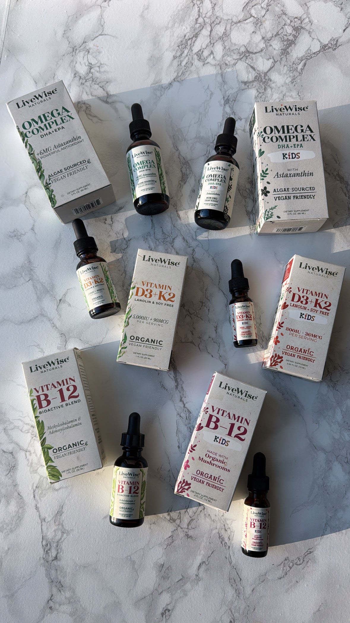Elaine’s Wellness Bundle – Omega Complex, Vitamin D3+K2 & B12 Drops for Kids & Adults