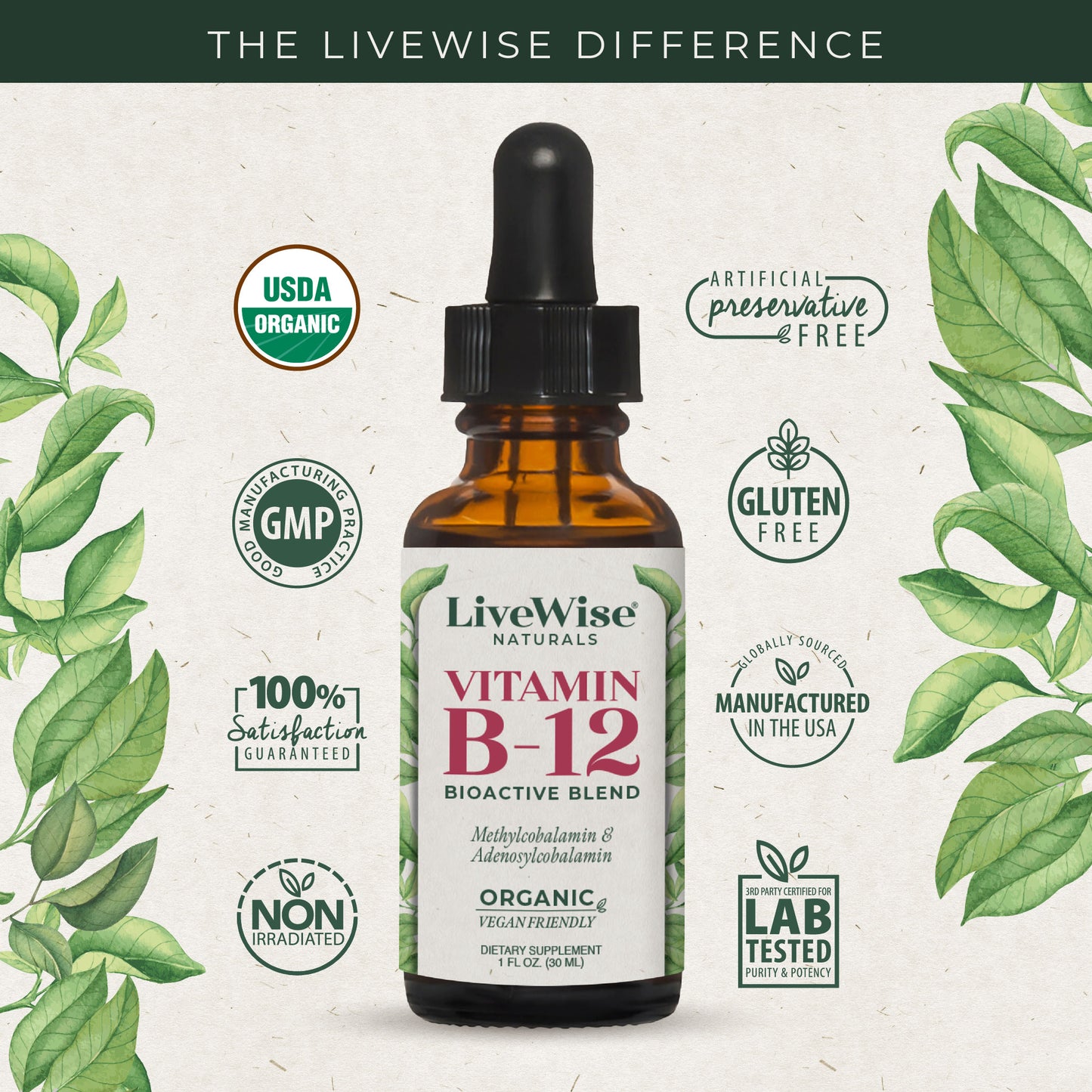 Vitamin B12 Bio Active Blend – Methylcobalamin & Adenosylcobalamin for Energy & Cognitive Support (1oz or 2oz)