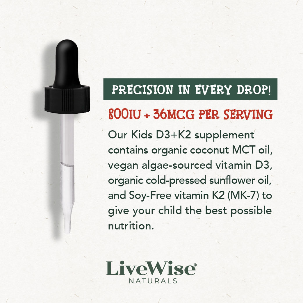 Kids D3+K2 Liquid Drops – Vegan Friendly Bone & Immune Support(.5 oz)
