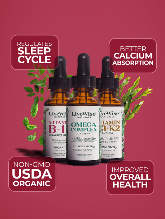 Live Wise Basic Bundle – Essential D3+K2, B12 & Omega Complex for Bone, Heart & Brain Health