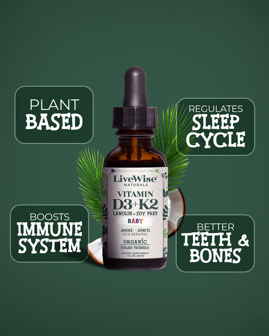 Vitamin D3+K2 (MK-7) Liquid Drops – Vegan Friendly Bone & Immune Support for Infants & Toddlers (1oz)