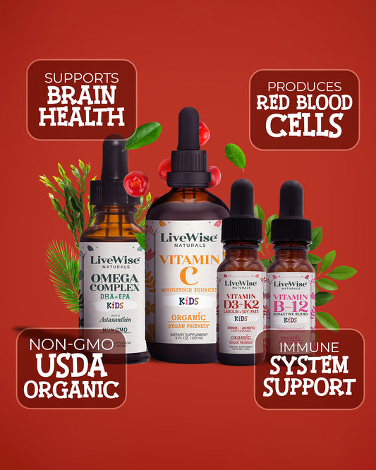 Live Wise Juniors – Complete Kids’ Vitamin Bundle with D3+K2, B12 , C & Omega-3 Drops