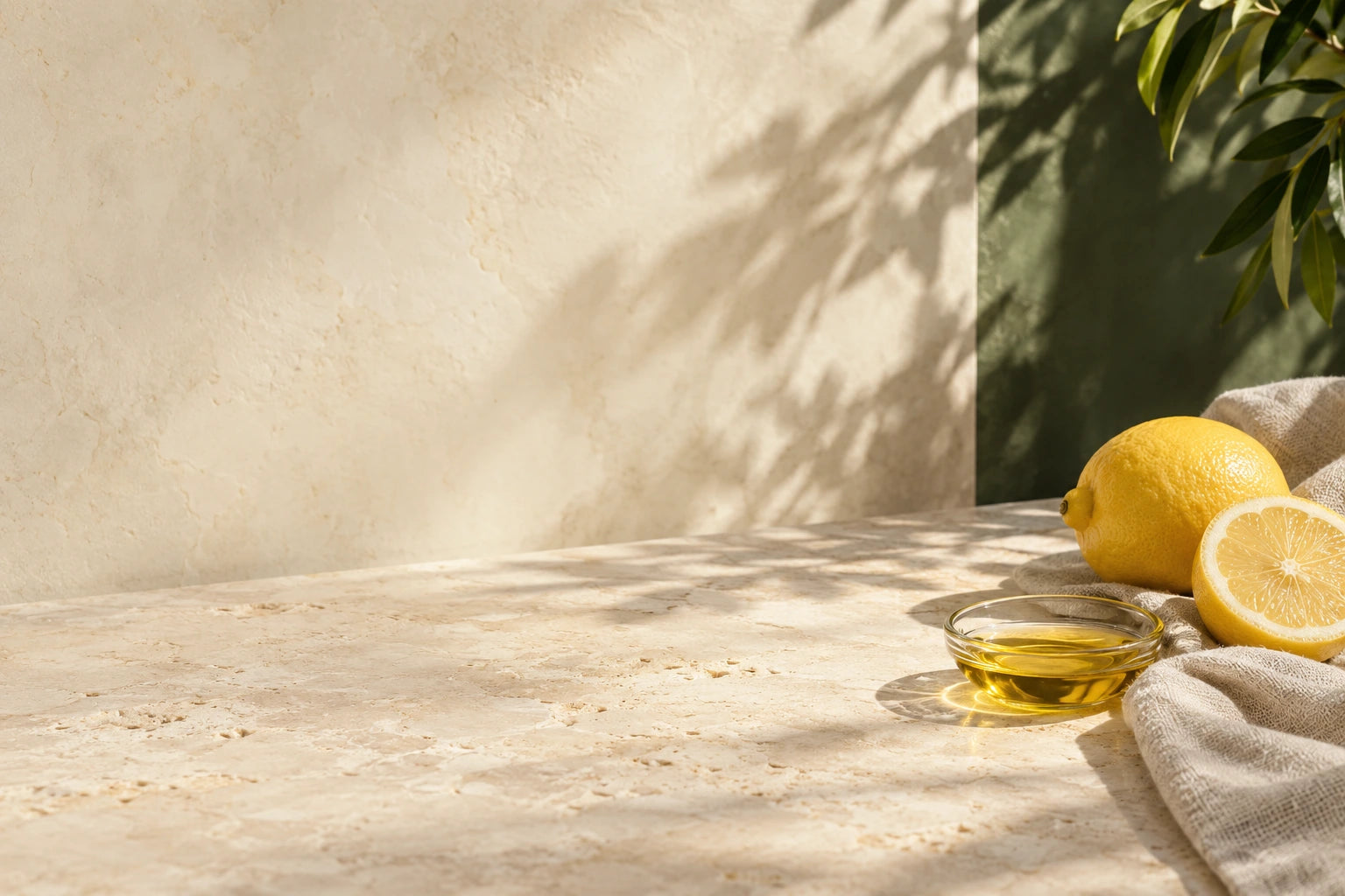 Organic lemon and oil in warm sunlight