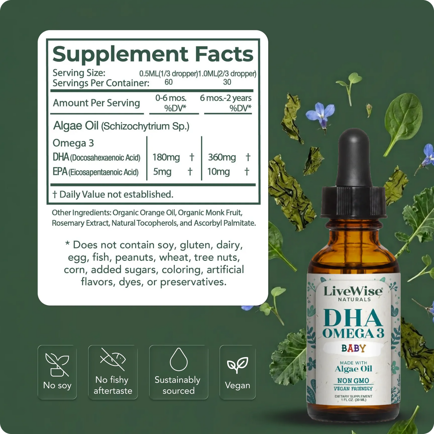 DHA Liquid Drops – For Infants and Toddlers, Plant-Based Omega-3 for Brain, Heart & Eye Development (1oz)