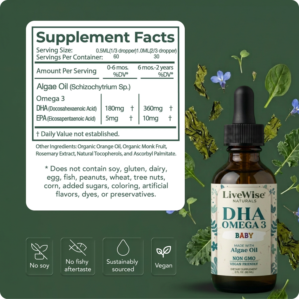 DHA Liquid Drops – For Infants and Toddlers, Plant-Based Omega-3 for Brain, Heart & Eye Development (1oz)