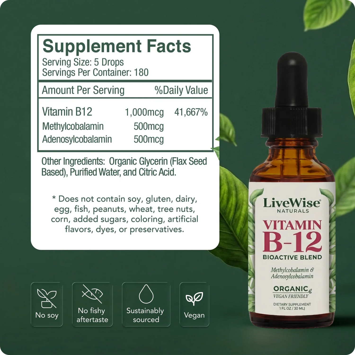 Vitamin B12 Bio Active Blend – Methylcobalamin & Adenosylcobalamin for Energy & Cognitive Support (1oz or 2oz)