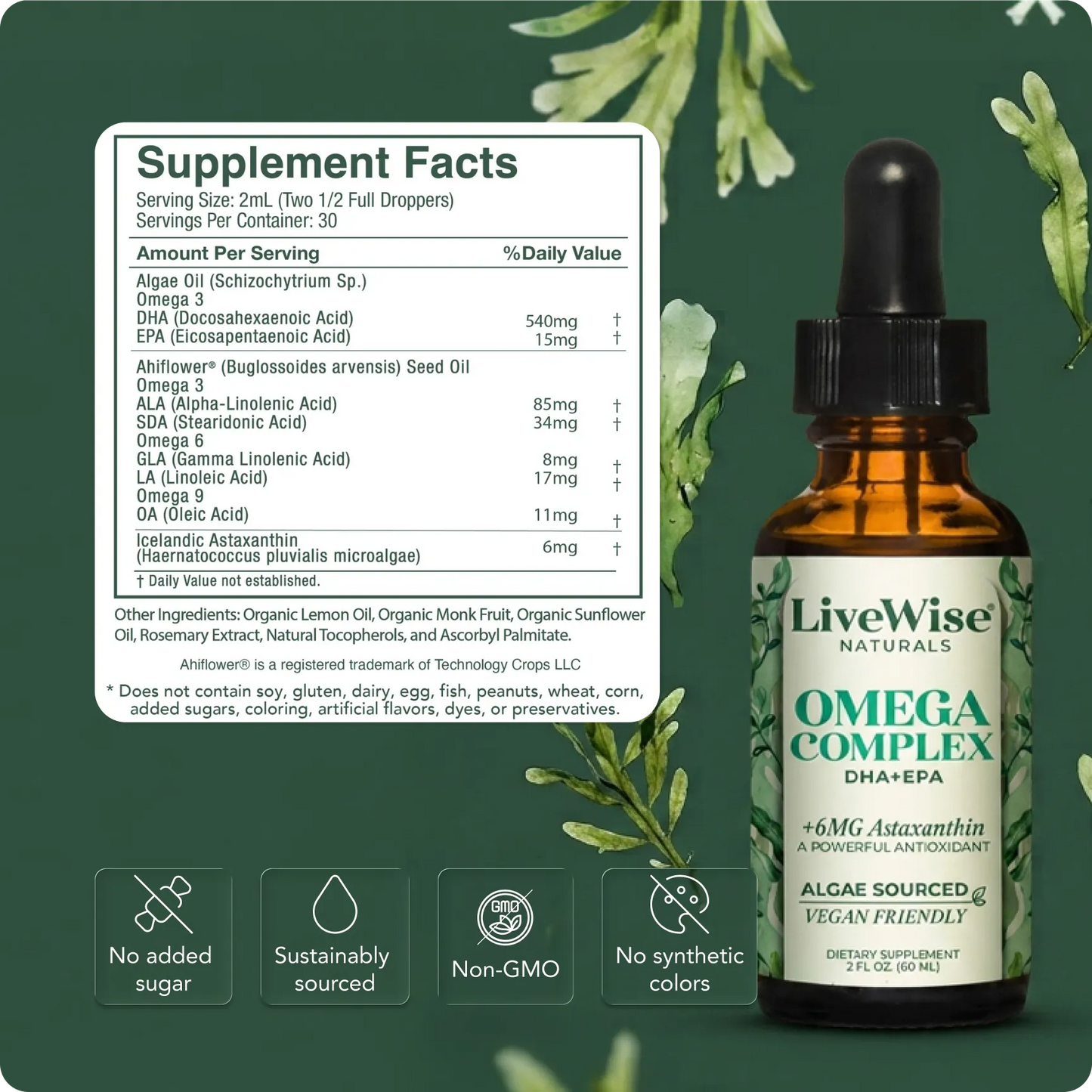 Omega Complex Liquid Drops – Plant-Based DHA & EPA for Brain, Heart & Eye Health (2oz)