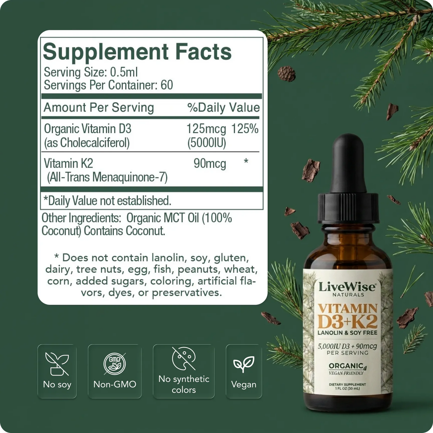 Vitamin D3+K2 Drops – Lanolin & Soy Free, Vegan Friendly (1,000IU - 10,000IU)