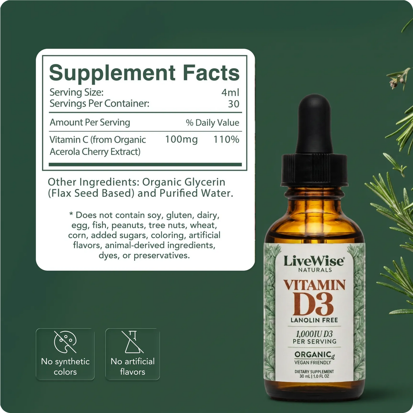 Vitamin D3 Liquid Drops – Vegan Friendly Bone, Immune & Heart Support (.83oz)