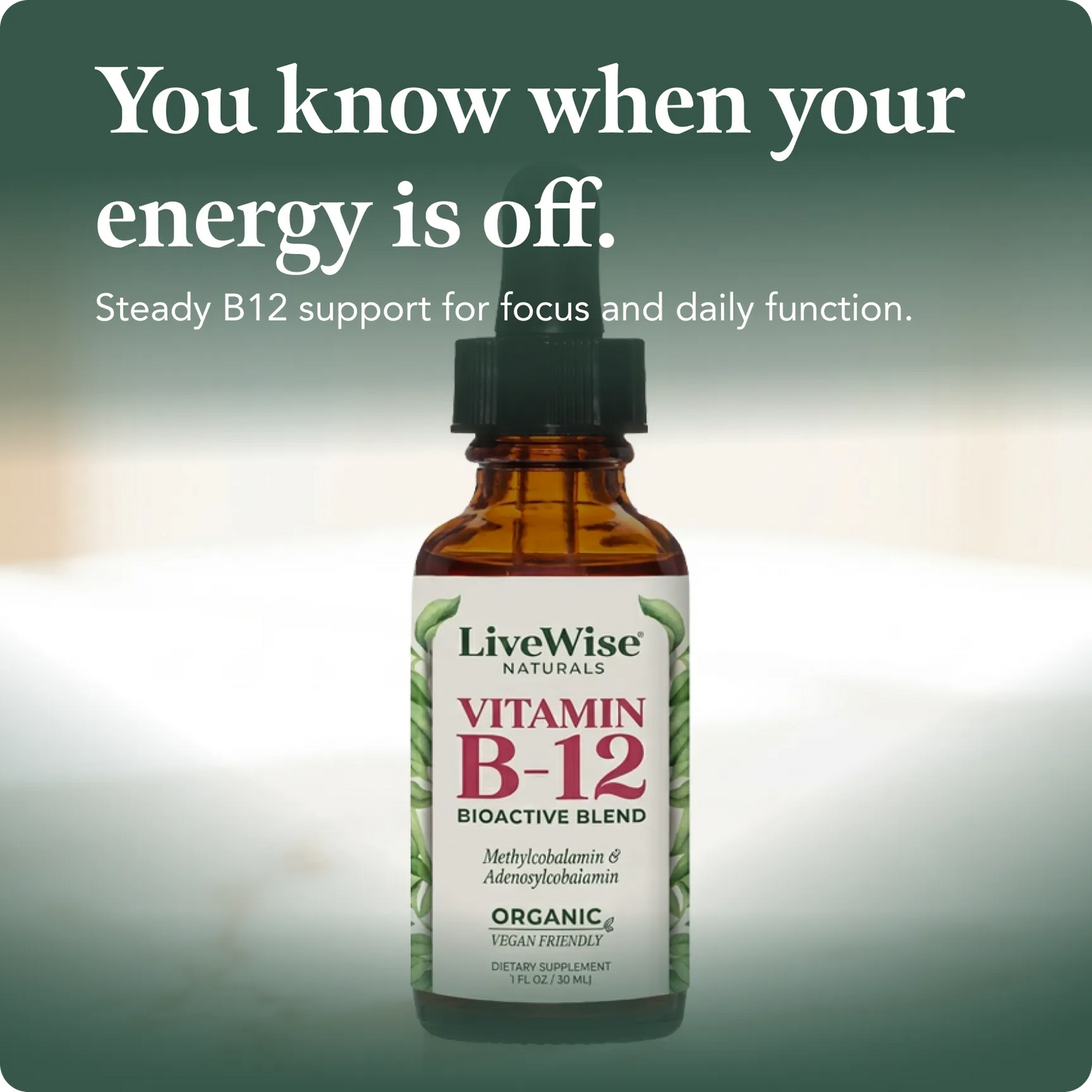 Vitamin B12 Bio Active Blend – Methylcobalamin & Adenosylcobalamin for Energy & Cognitive Support (1oz or 2oz)