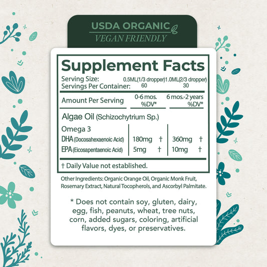 DHA Liquid Drops – For Infants and Toddlers, Plant-Based Omega-3 for Brain, Heart & Eye Development (1oz)