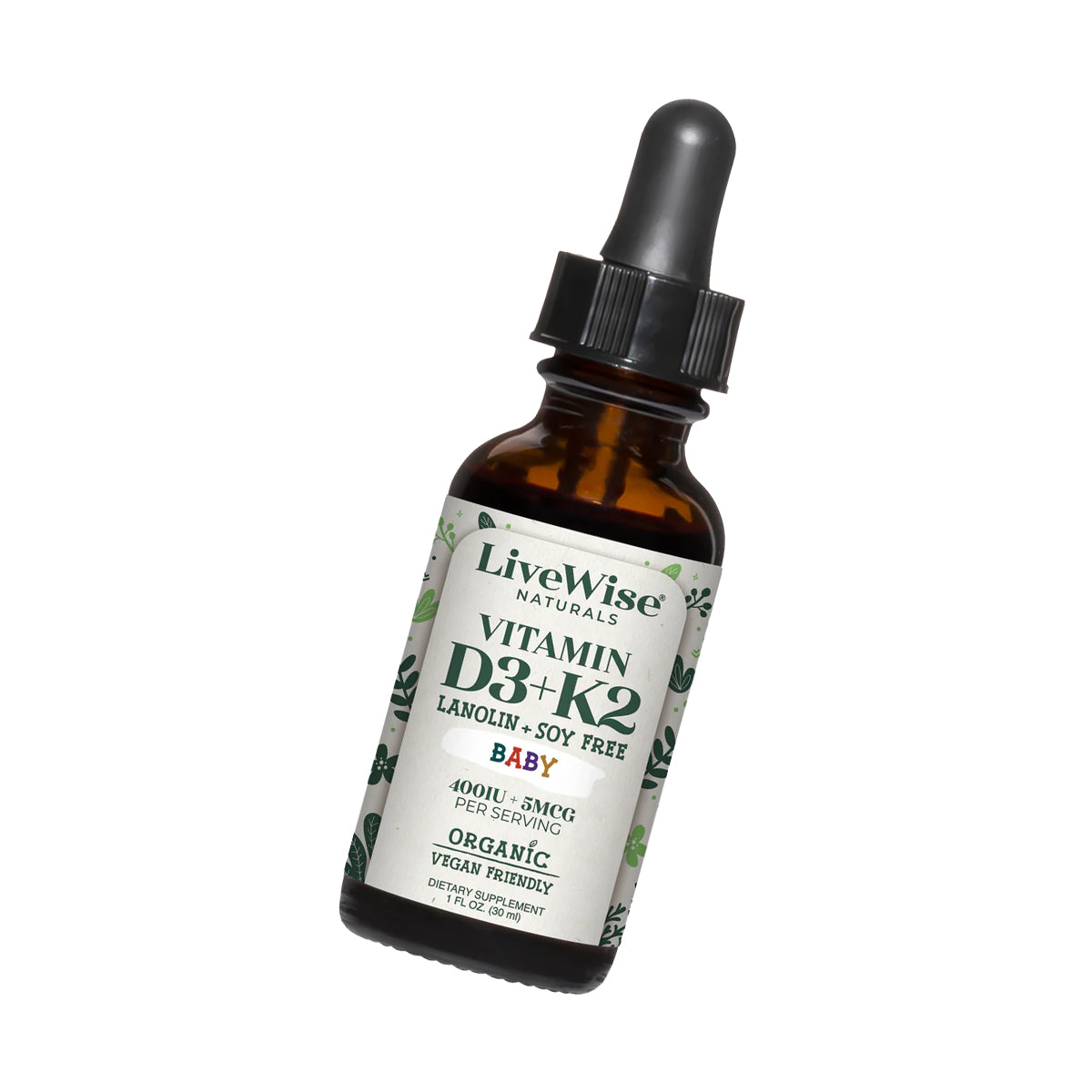 Vitamin D3+K2 (MK-7) Liquid Drops – Vegan Friendly Bone & Immune Support for Infants & Toddlers (1oz)