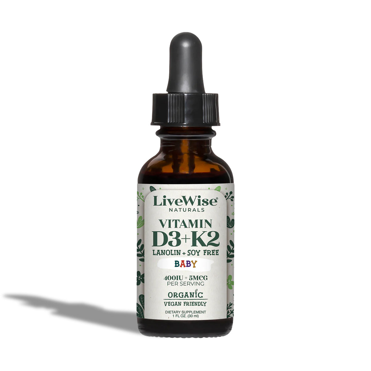 Vitamin D3+K2 (MK-7) Liquid Drops – Vegan Friendly Bone & Immune Support for Infants & Toddlers (1oz)
