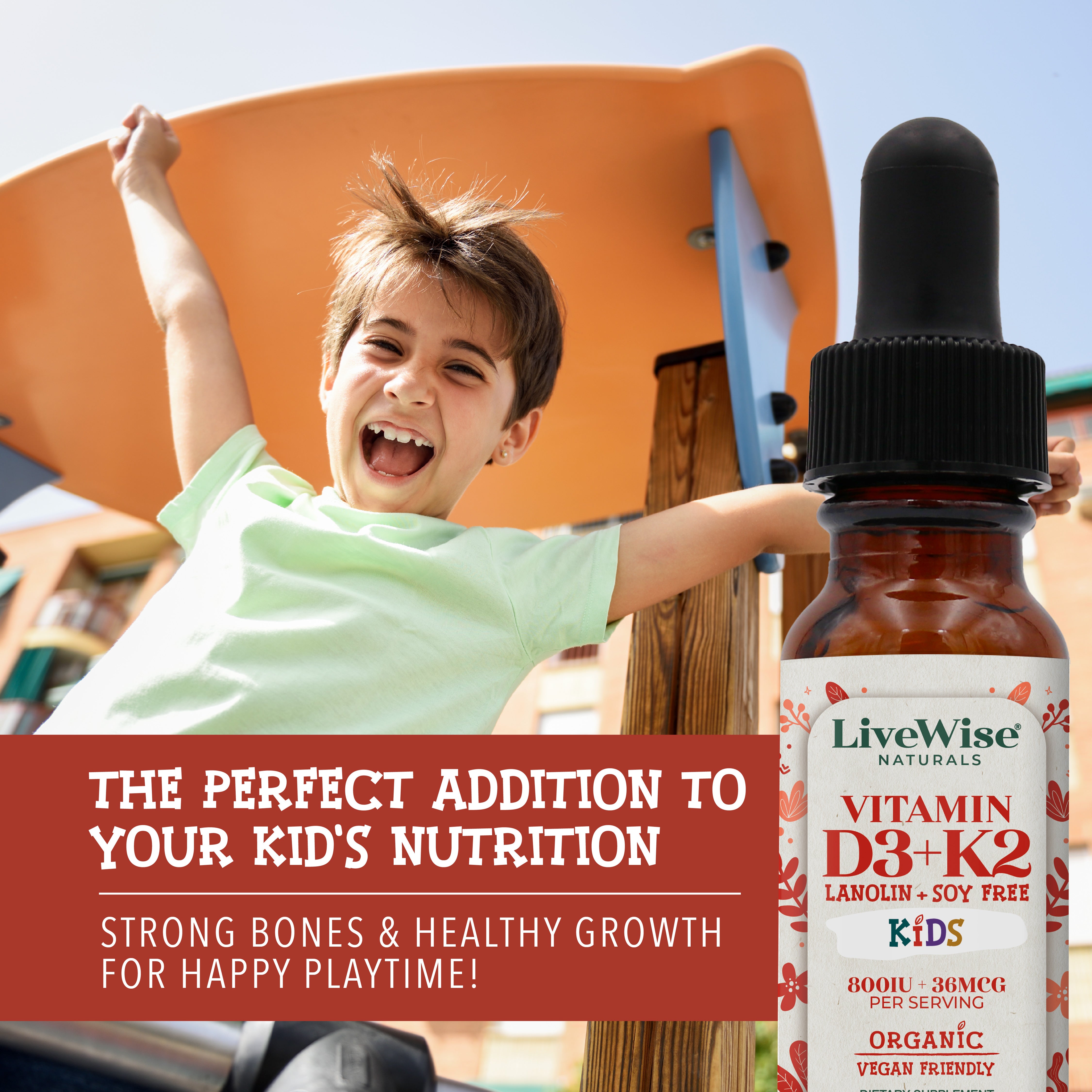 Kids D3+K2 Liquid Drops – Vegan Friendly Bone & Immune Support(.5