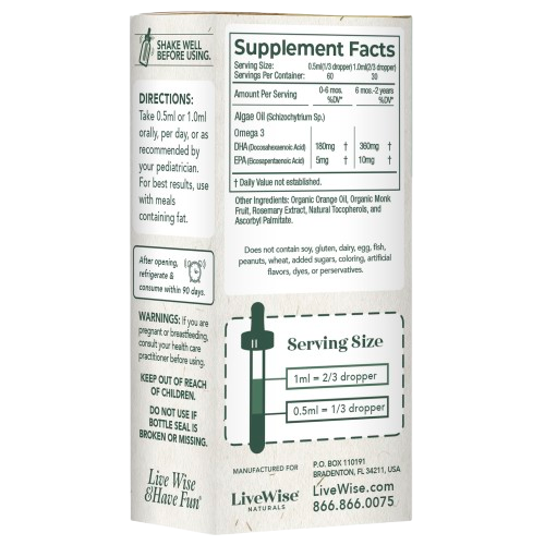 DHA Liquid Drops – For Infants and Toddlers, Plant-Based Omega-3 for Brain, Heart & Eye Development (1oz)