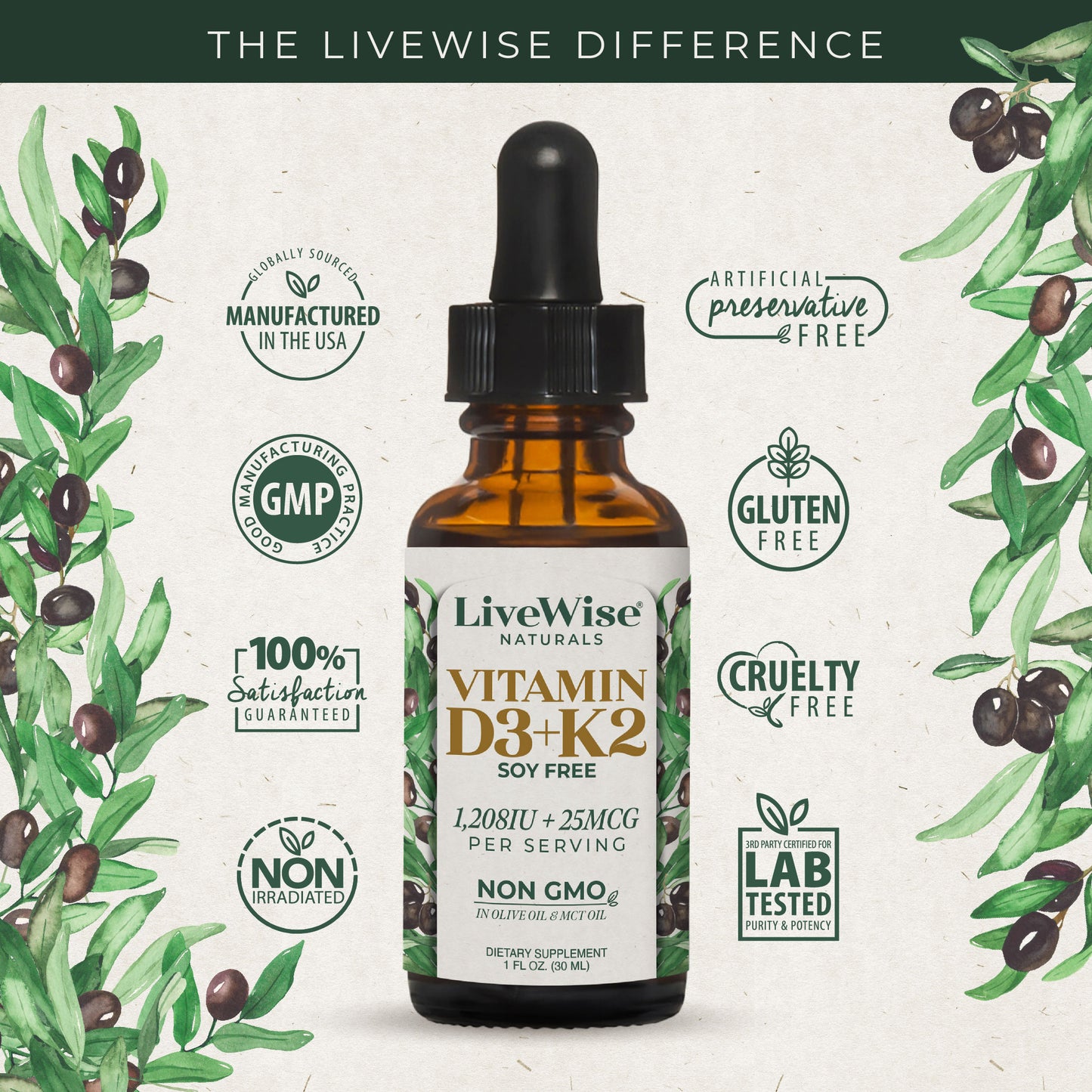 Vitamin D3+K2 Liquid Drops – Bone, Heart & Immune Support (1oz)
