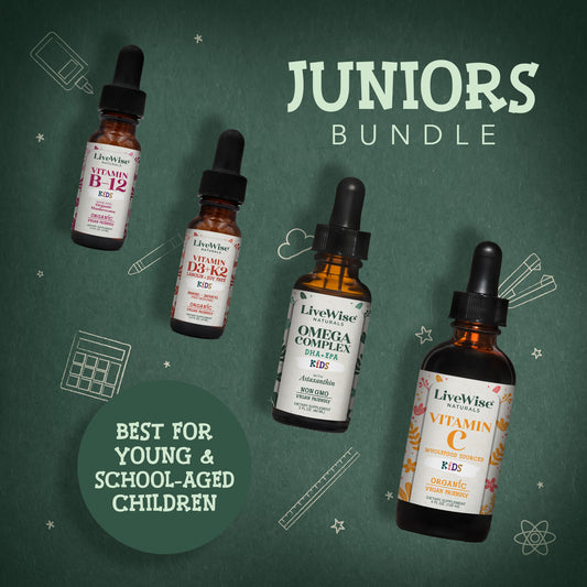 Live Wise Juniors – Complete Kids’ Vitamin Bundle with D3+K2, B12 , C & Omega-3 Drops