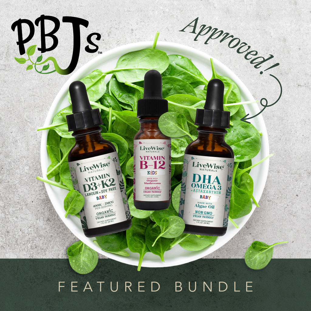 Plant-Based Juniors Set: Baby D3+K2, Kids B-12 and Baby DHA Omega-3 bottles on a bowl of spinach