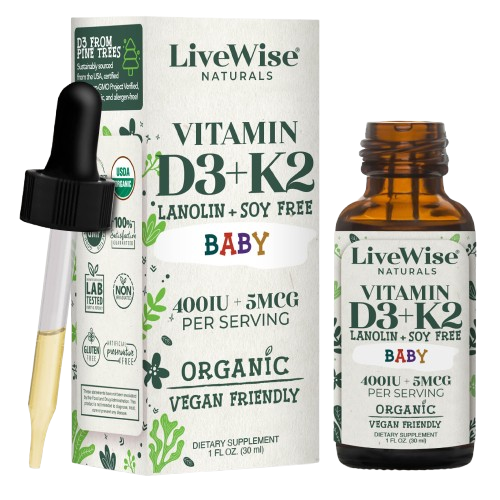 Vitamin D3+K2 (MK-7) Liquid Drops – Vegan Friendly Bone & Immune Support for Infants & Toddlers (1oz)