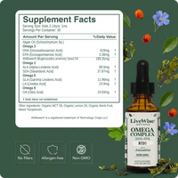Kids Omega Supplement Facts — 1 mL serving for ages 2–14; 30 servings; DHA 419 mg, EPA 3.38 mg