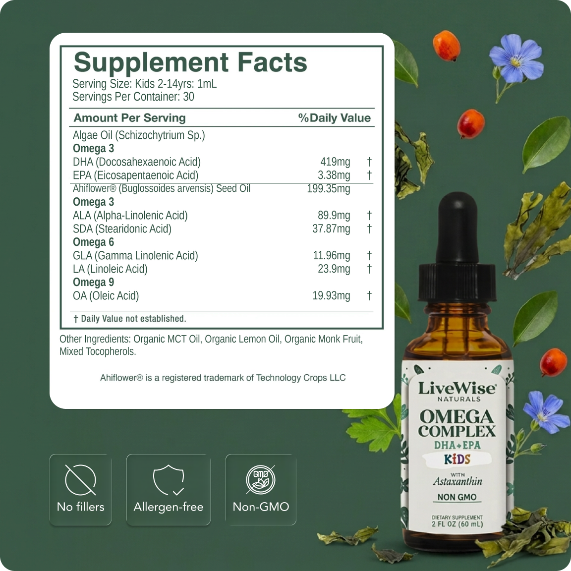 Kids Omega Supplement Facts — 1 mL serving for ages 2–14; 30 servings; DHA 419 mg, EPA 3.38 mg