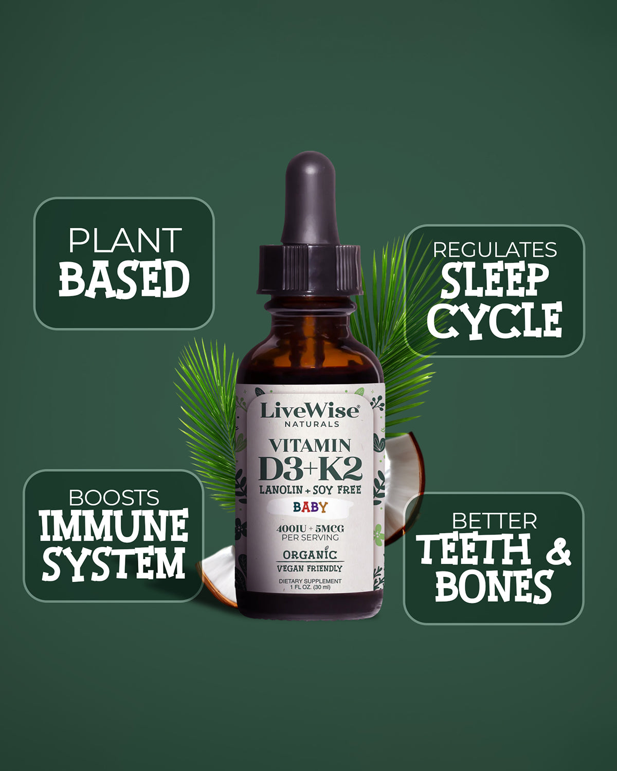 Vitamin D3+K2 (MK-7) Liquid Drops – Vegan Friendly Bone & Immune Support for Infants & Toddlers (1oz)