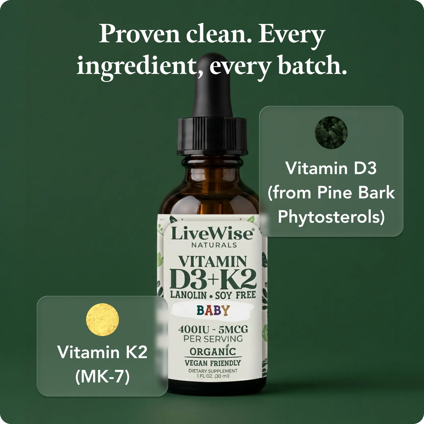 Vitamin D3+K2 (MK-7) Liquid Drops – Vegan Friendly Bone & Immune Support for Infants & Toddlers (1oz)
