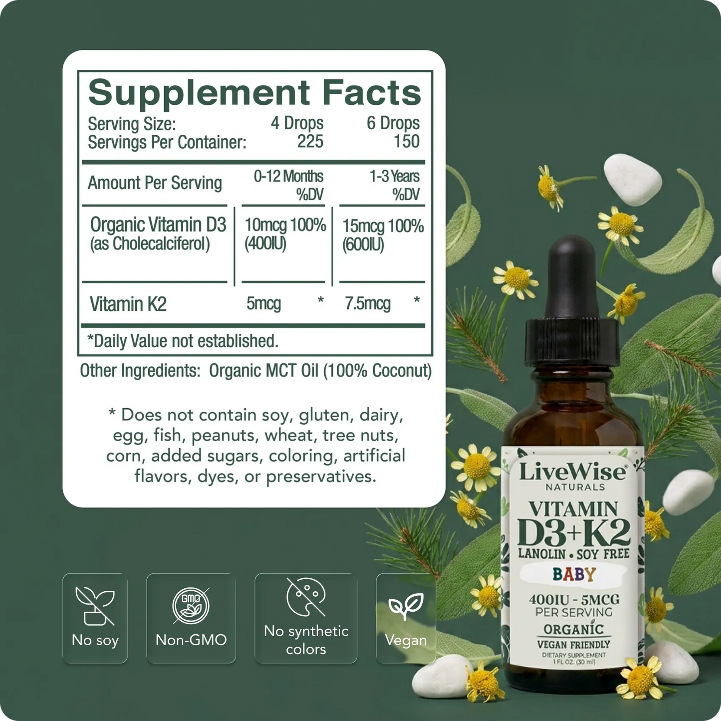 Vitamin D3+K2 (MK-7) Liquid Drops – Vegan Friendly Bone & Immune Support for Infants & Toddlers (1oz)
