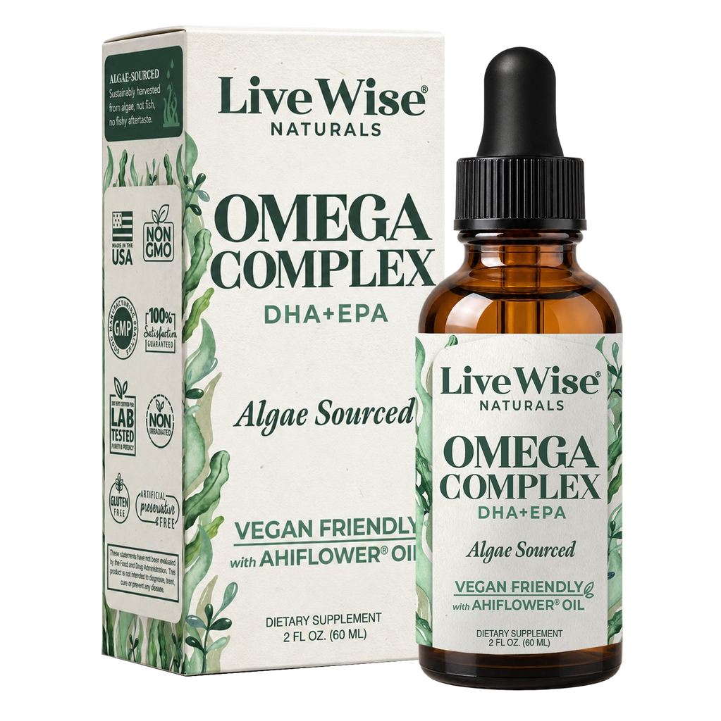 Live Wise Naturals Omega Complex for adults – bottle and box, 2 fl oz (60 mL)