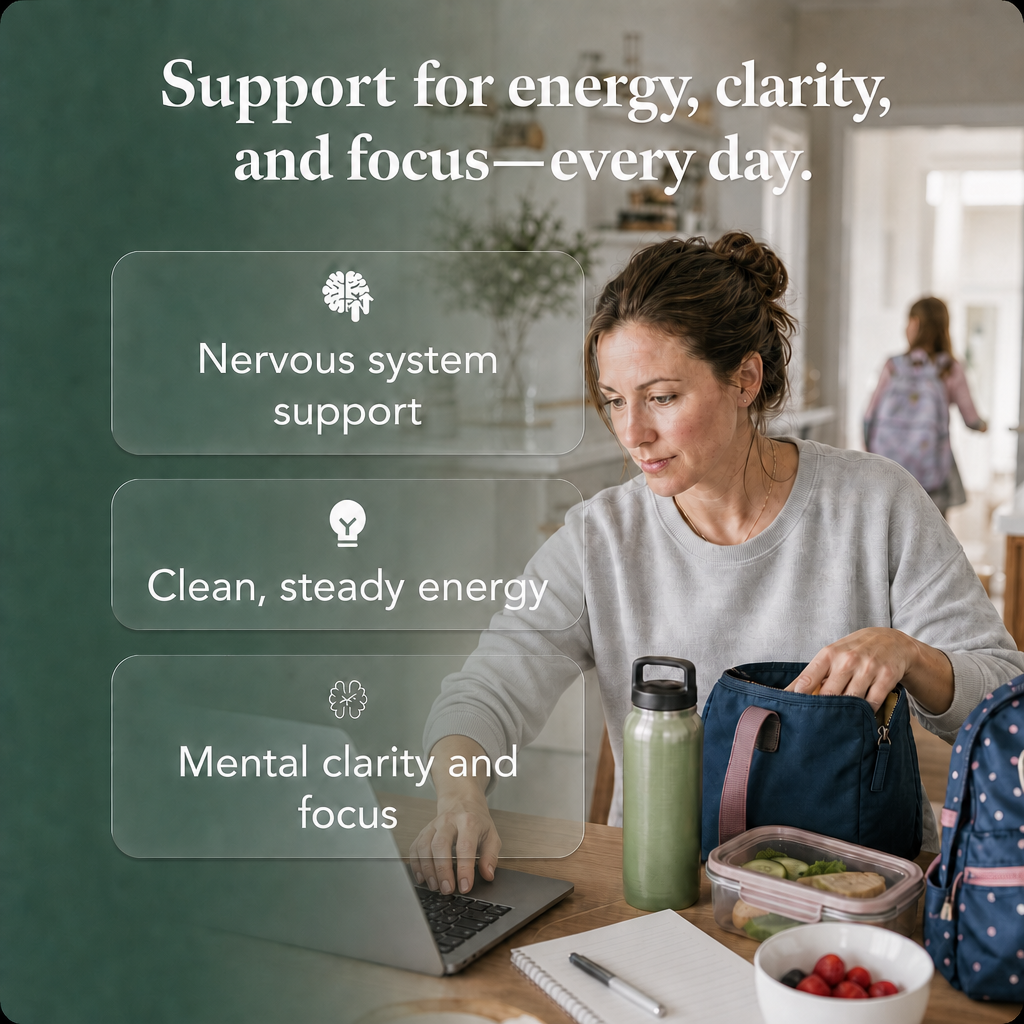 Busy mom preparing for the day with support for energy, clarity, and focus