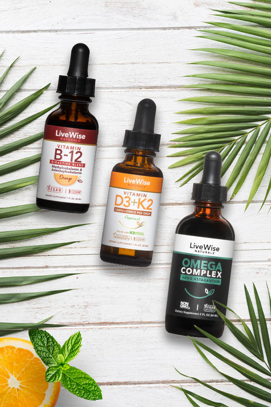 Live Wise Basic Bundle – Essential D3+K2, B12 & Omega Complex for Bone, Heart & Brain Health