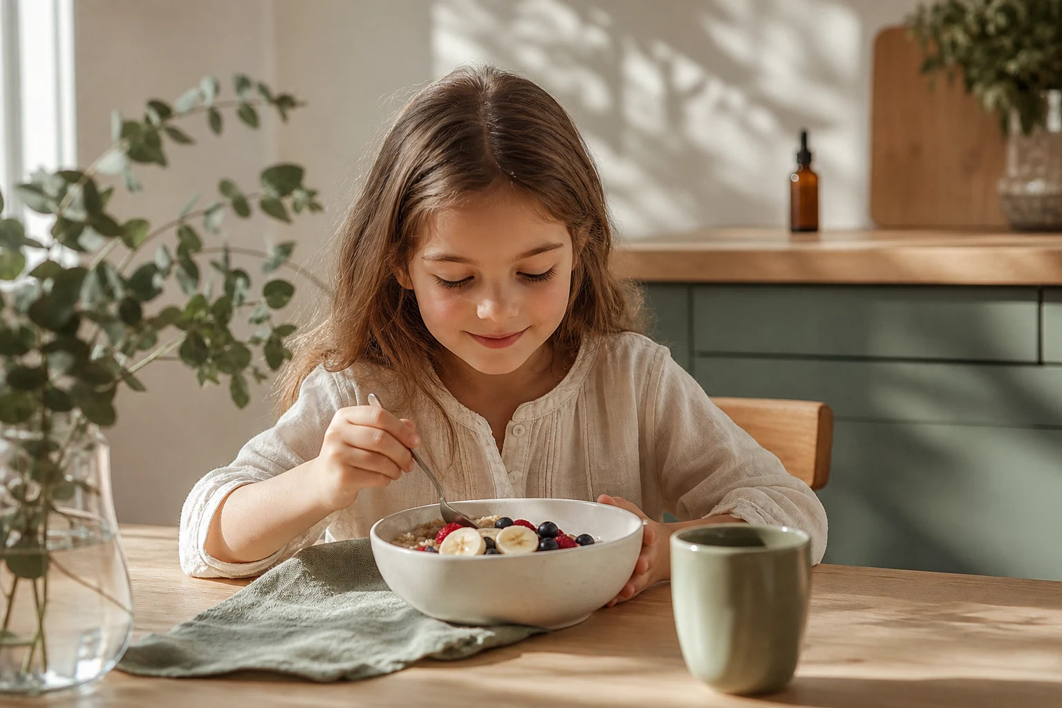 A school-age child sitting at breakfast table enjoying morning food