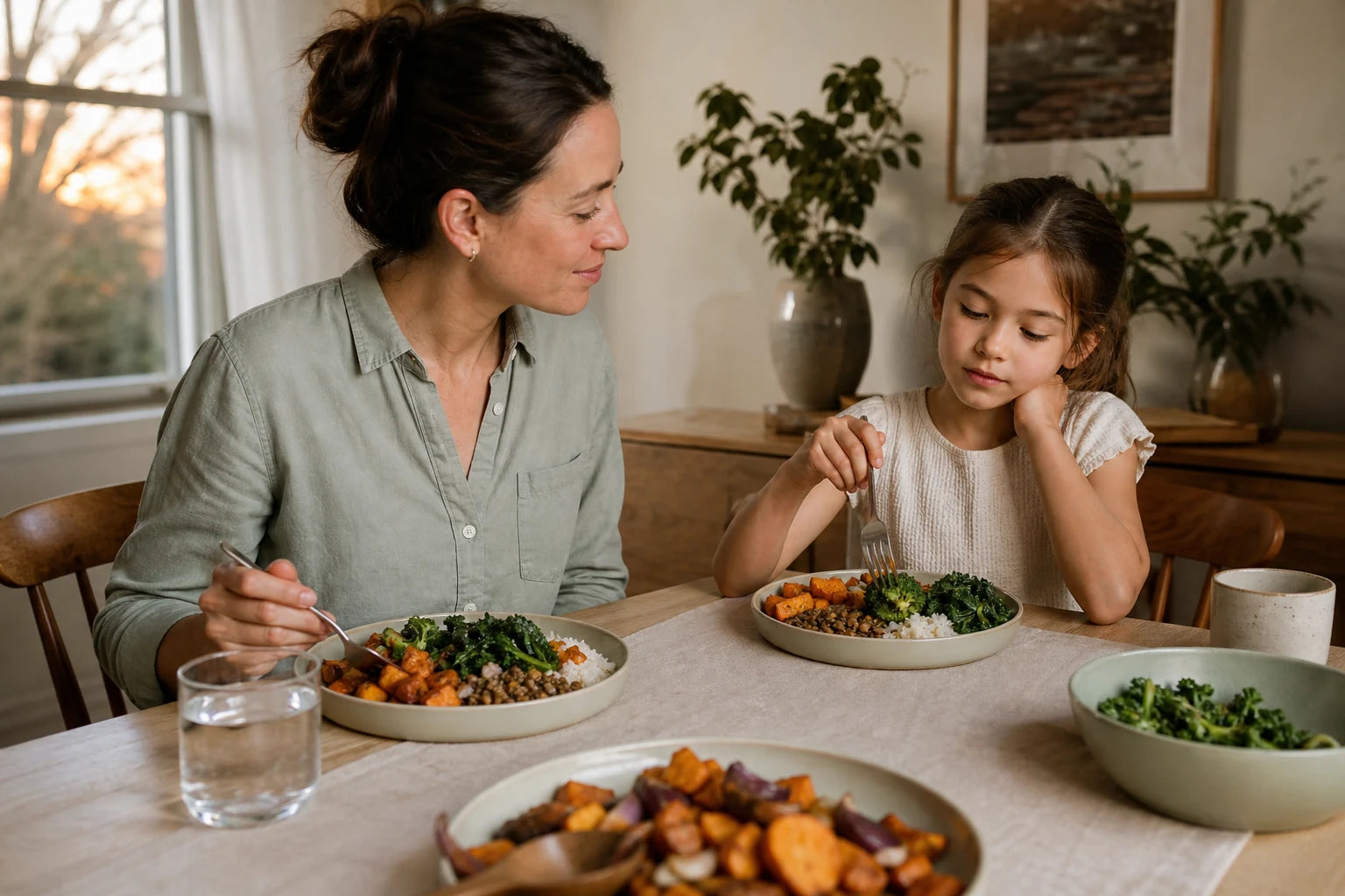 Family at dinner table enjoying a plant-based home meal