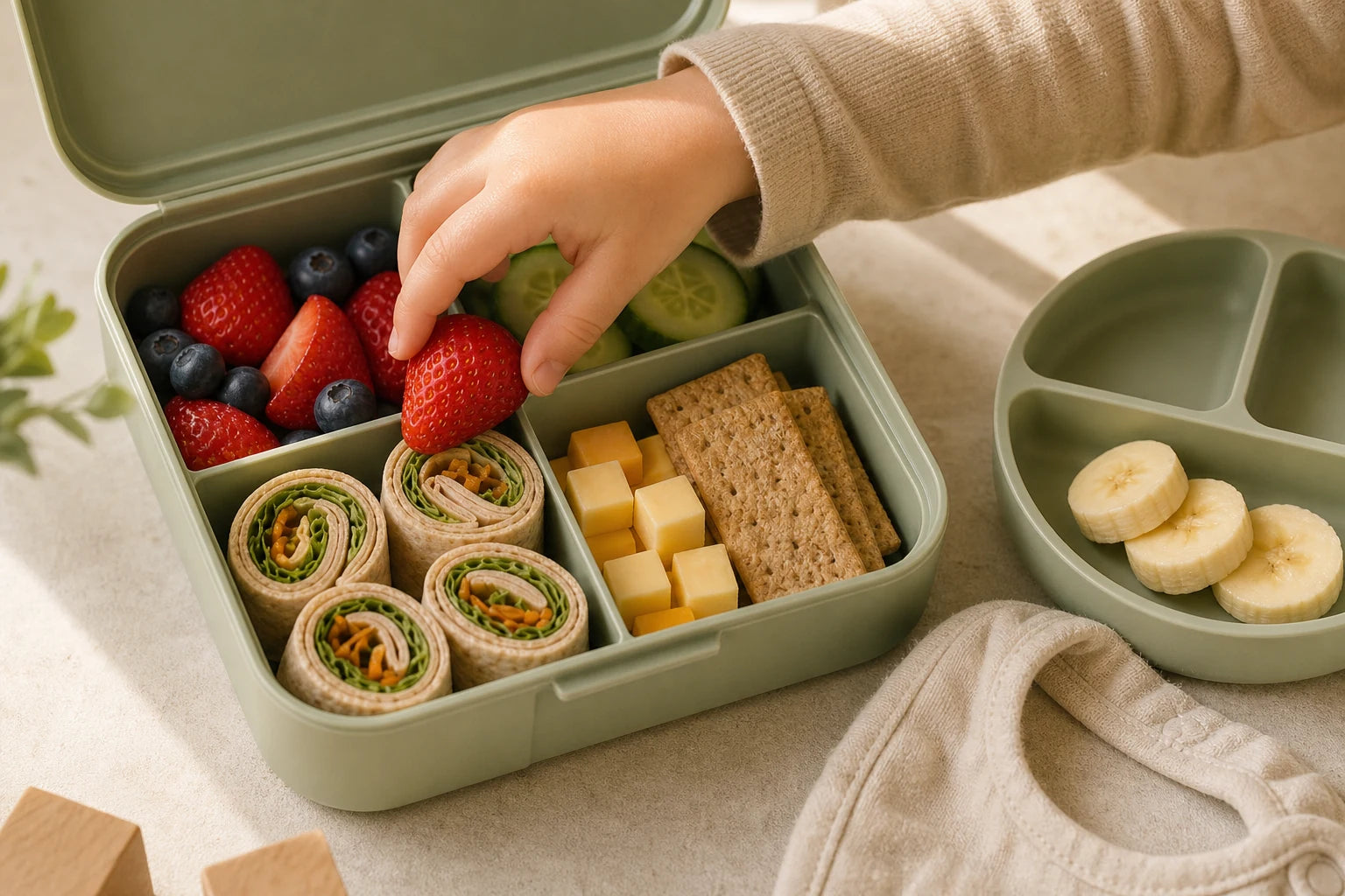 A child's hand reaching into a healthy packed lunchbox with fresh fruit, vegetables, and snacks