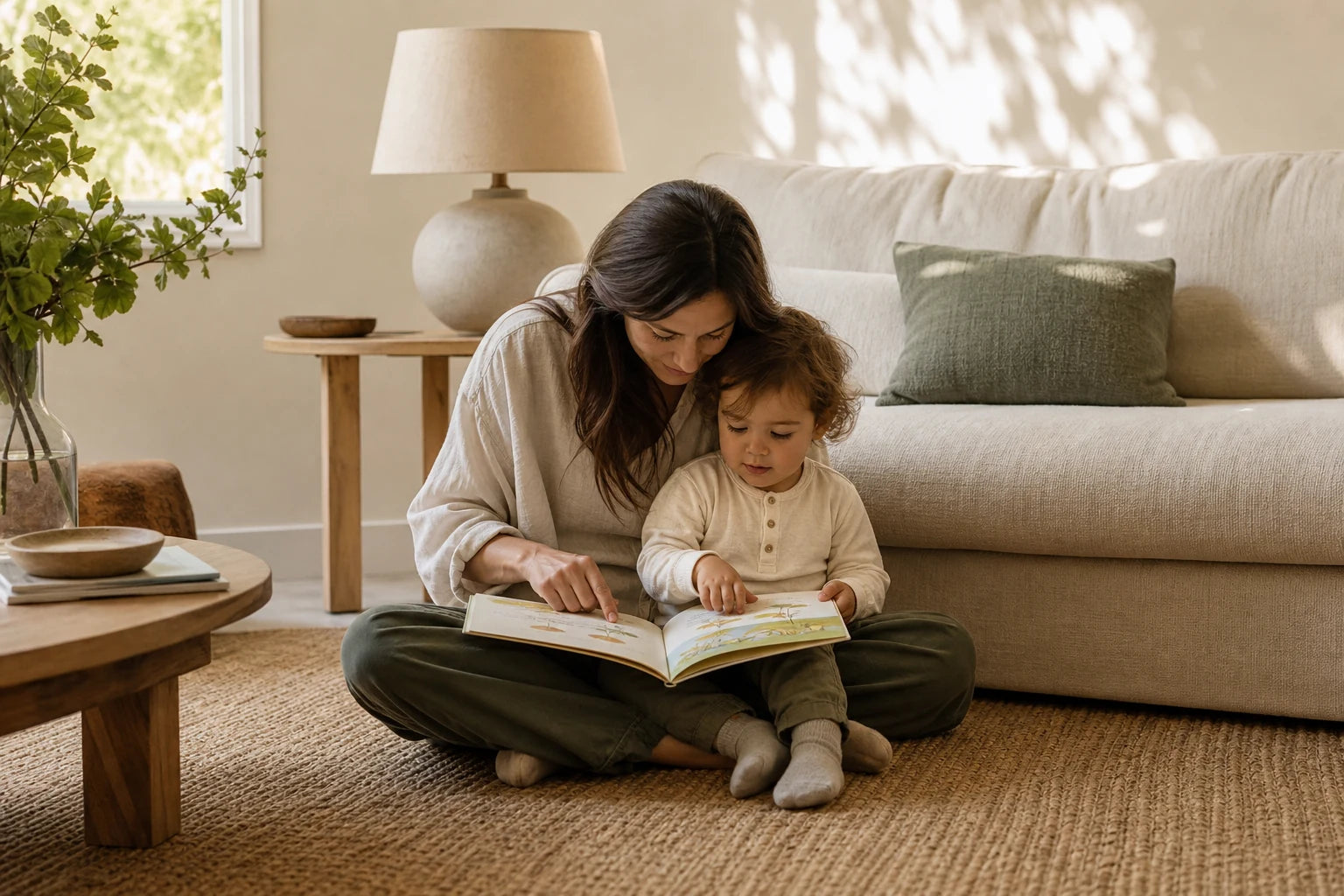 Parent and toddler sitting together on floor reading a picture book