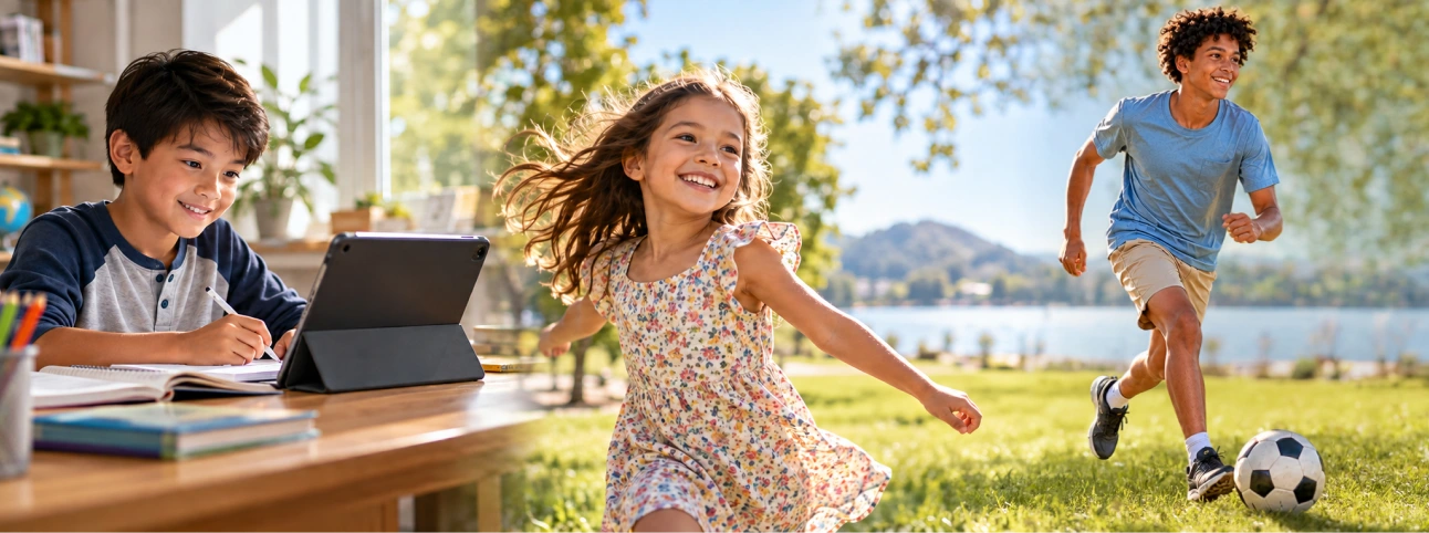 Children reading, playing outdoors and enjoying active days