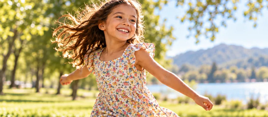 Child running outdoors in the sunshine