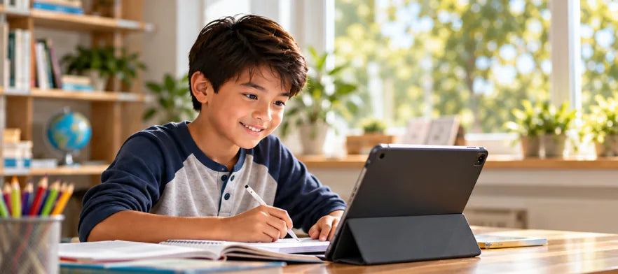 Child using a tablet at a desk